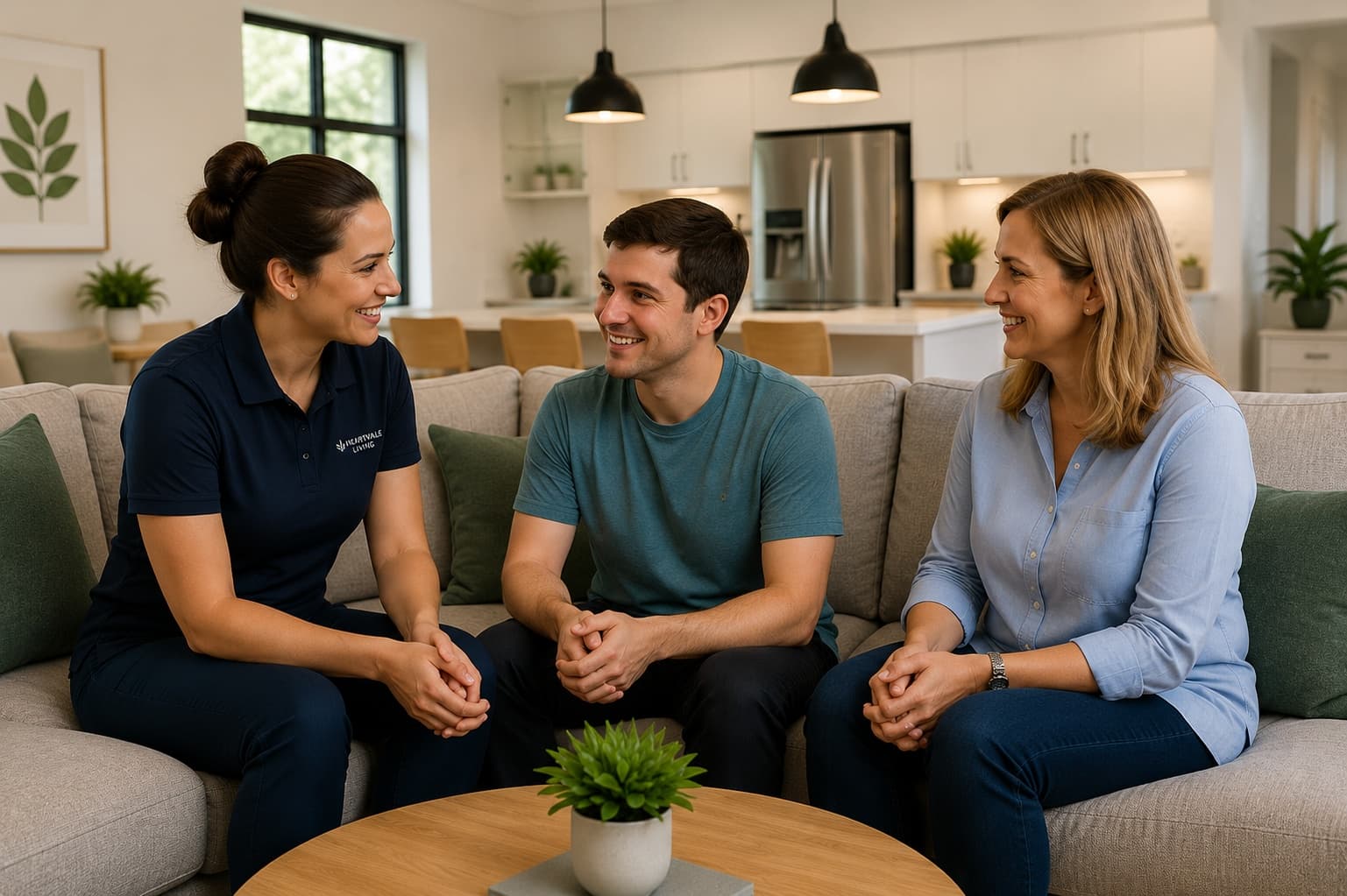 Three people sitting together on a sofa in a home living area, talking.