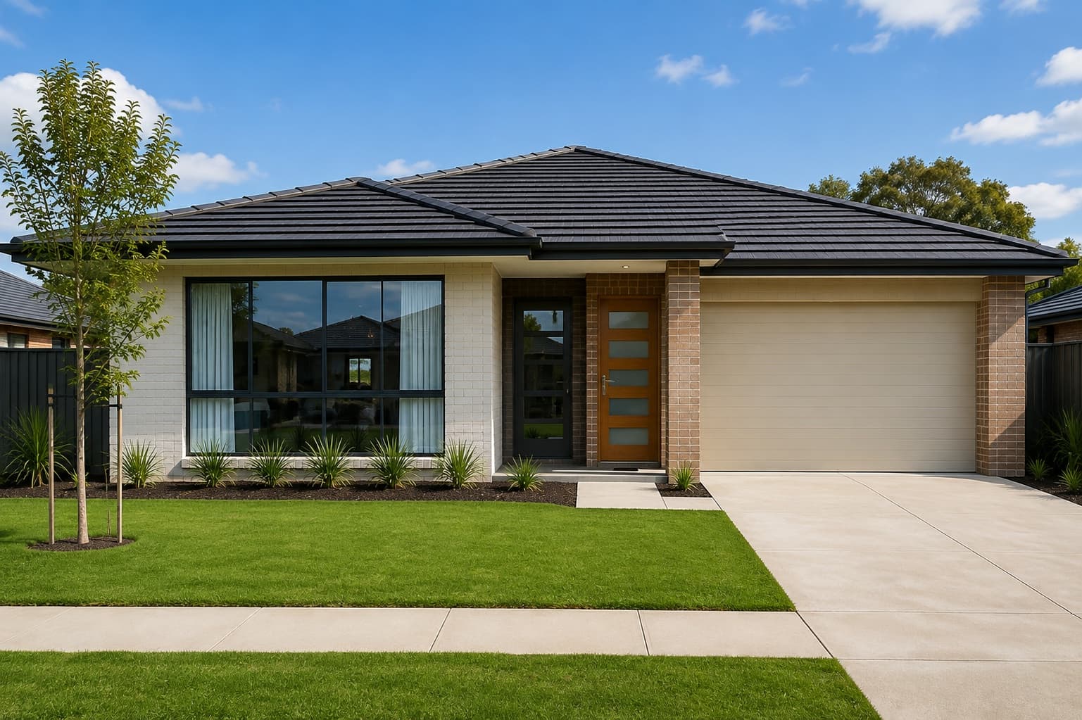The front of a single-storey modern home with a double garage, lawn and garden beds.