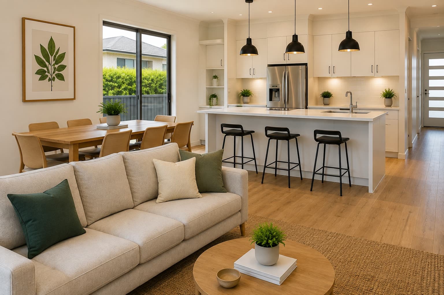 An open-plan living, dining and kitchen area in a bright modern home.