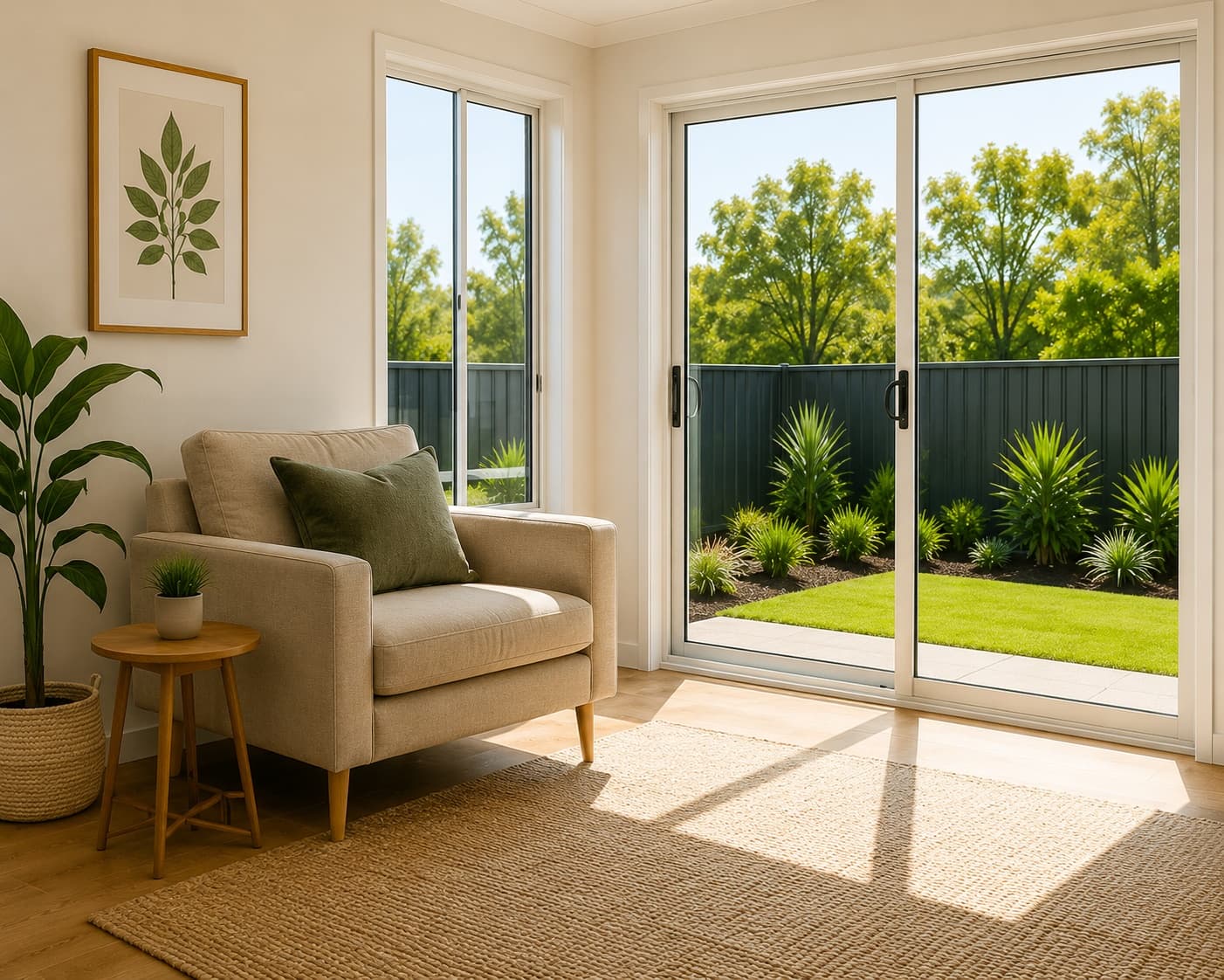 A quiet corner of a living room, with an armchair beside sliding doors opening onto a garden.
