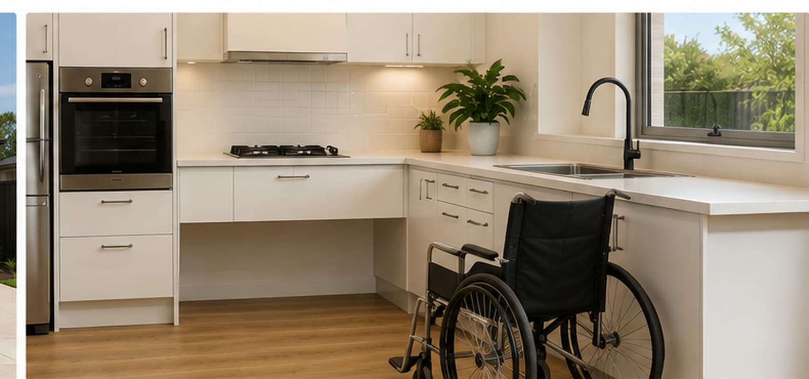 A kitchen with an open clearance beneath the benchtop and a wheelchair alongside.