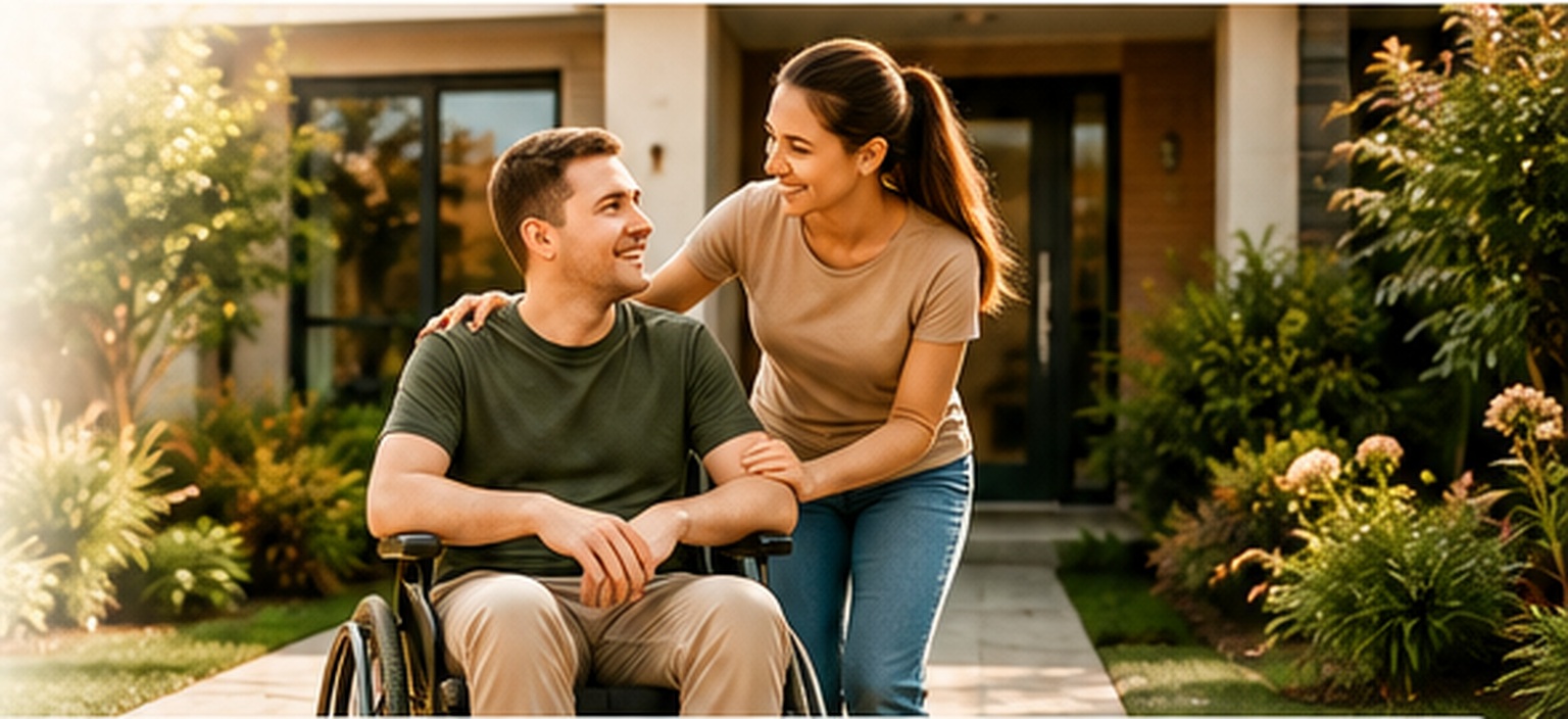 A wheelchair user and companion enjoying the garden outside a home